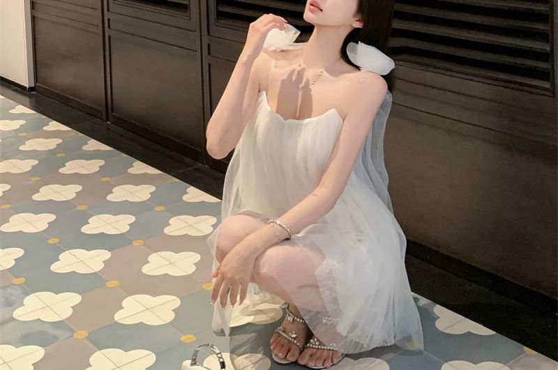 Sundress Flower Plain Mesh Strap Spaghetti Detail Mini