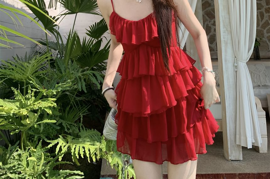 Spaghetti Plain Sundress Ruffle Mini Strap