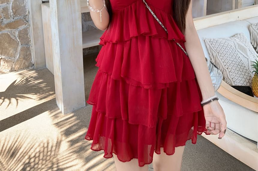 Spaghetti Plain Sundress Ruffle Mini Strap