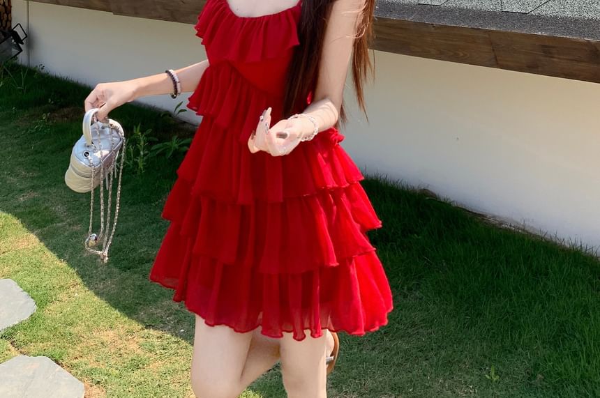 Spaghetti Plain Sundress Ruffle Mini Strap