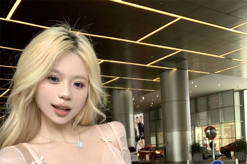 V-Neck T-Shirt Long-Sleeve Lettuce Panel Edge Mock Plain Mesh Two-Piece