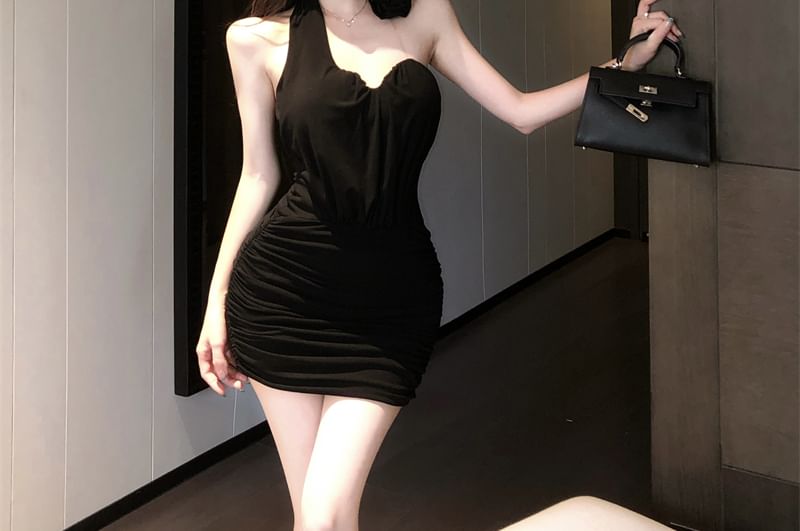 Mini Plain Dress One-Shoulder Bodycon