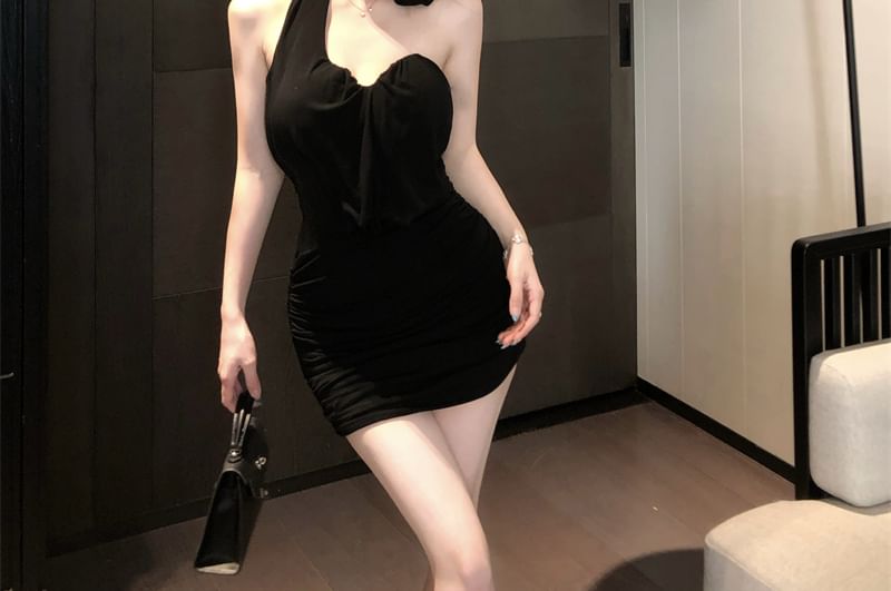 Mini Plain Dress One-Shoulder Bodycon