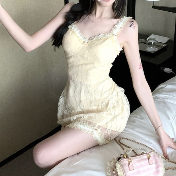 Lace Floral Bodycon Mini Spaghetti Dress Strap