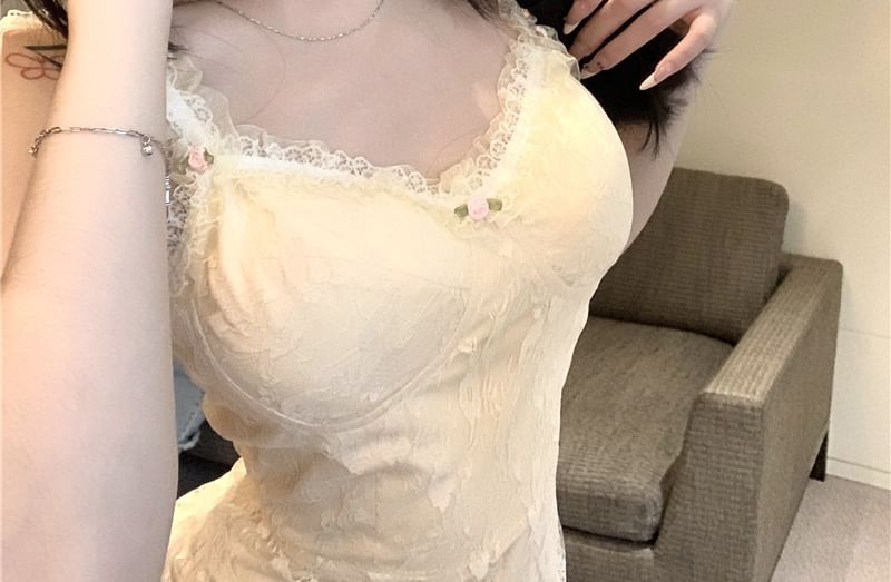 Lace Floral Bodycon Mini Spaghetti Dress Strap