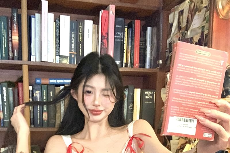 Spaghetti Bow Dress Plaid Mini Bodycon Strap Lace Trim