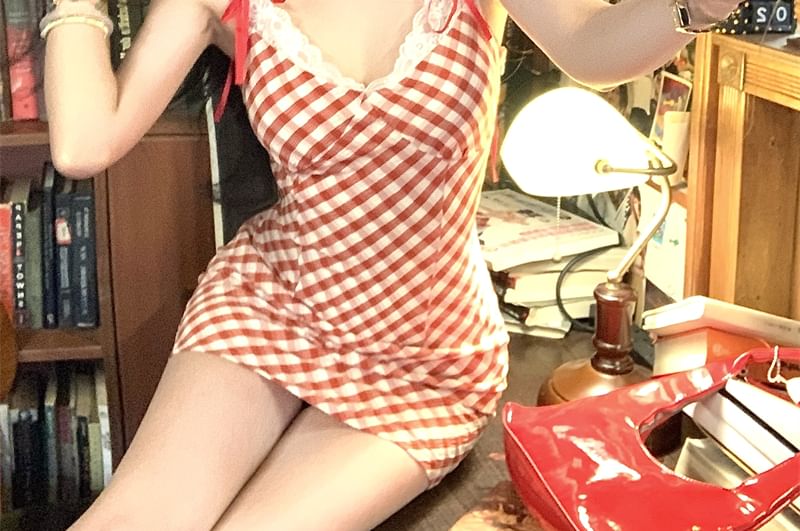 Spaghetti Bow Dress Plaid Mini Bodycon Strap Lace Trim