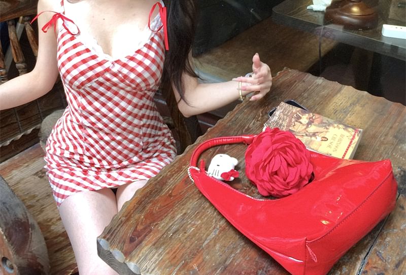 Spaghetti Bow Dress Plaid Mini Bodycon Strap Lace Trim