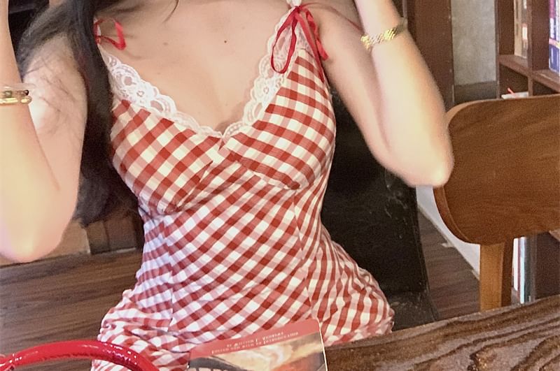 Spaghetti Bow Dress Plaid Mini Bodycon Strap Lace Trim