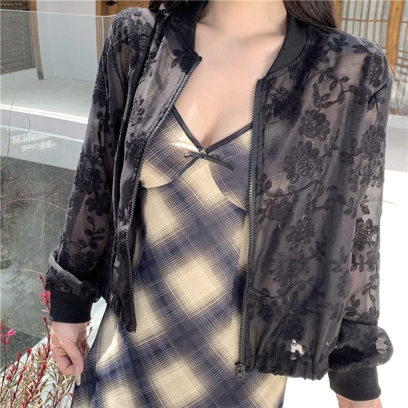 Sheer Jacket Zip Flower Embroidered
