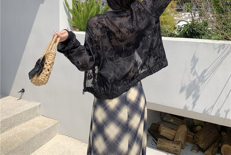 Sheer Jacket Zip Flower Embroidered