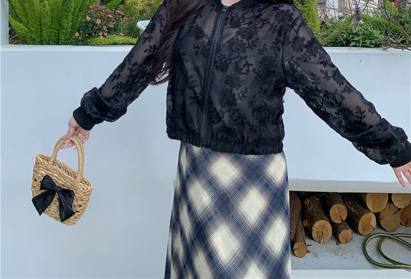 Sheer Jacket Zip Flower Embroidered