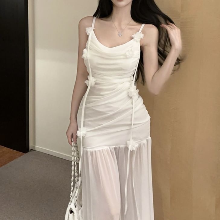 Ruched Side-Slit Strap Mermaid Plain Flower Detail Dress Spaghetti Maxi