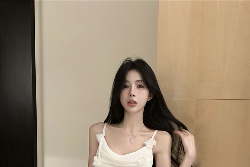 Ruched Side-Slit Strap Mermaid Plain Flower Detail Dress Spaghetti Maxi