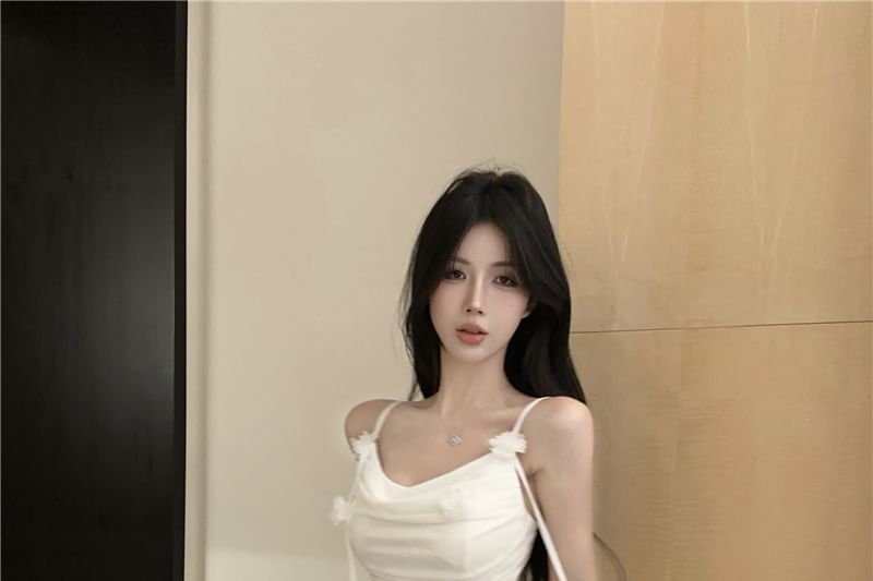 Ruched Side-Slit Strap Mermaid Plain Flower Detail Dress Spaghetti Maxi