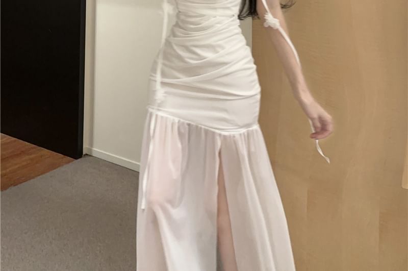 Ruched Side-Slit Strap Mermaid Plain Flower Detail Dress Spaghetti Maxi