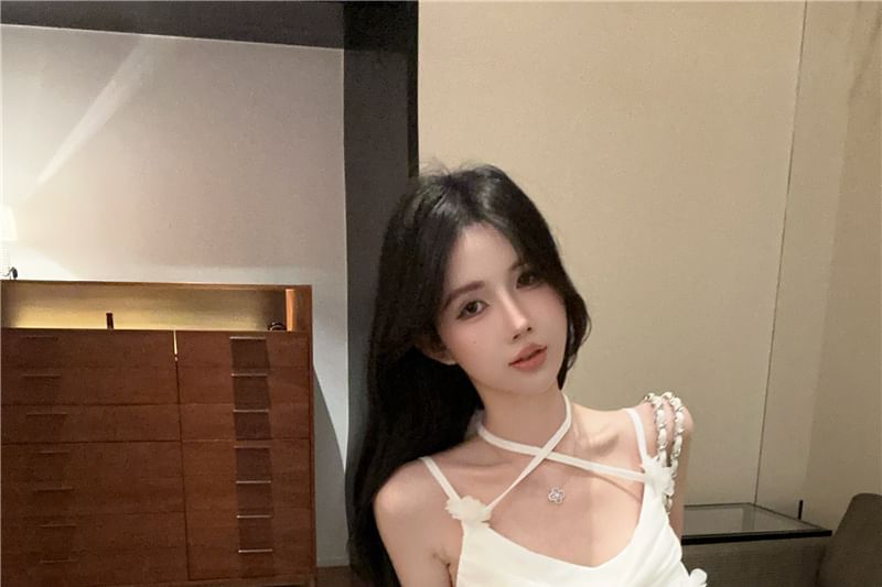 Ruched Side-Slit Strap Mermaid Plain Flower Detail Dress Spaghetti Maxi