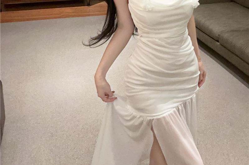 Ruched Side-Slit Strap Mermaid Plain Flower Detail Dress Spaghetti Maxi