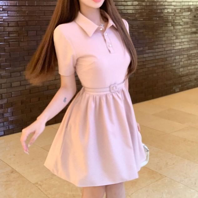 A-Line Dress Plain Collar Mini Short-Sleeve