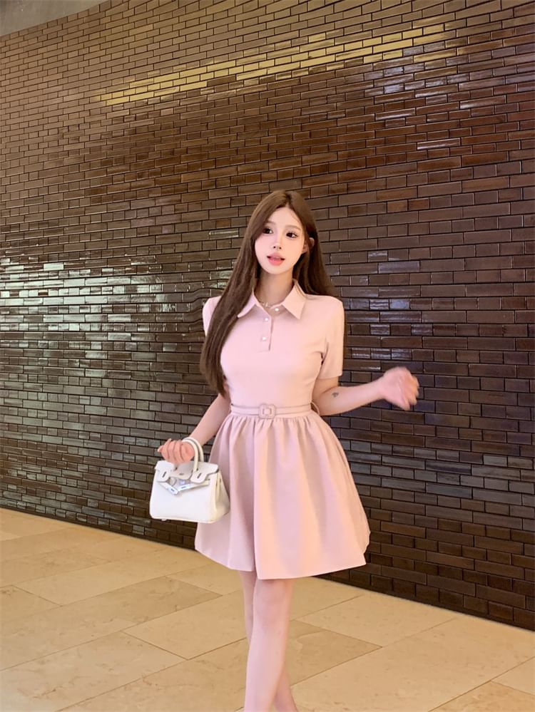A-Line Dress Plain Collar Mini Short-Sleeve