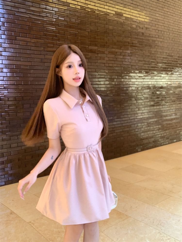 A-Line Dress Plain Collar Mini Short-Sleeve