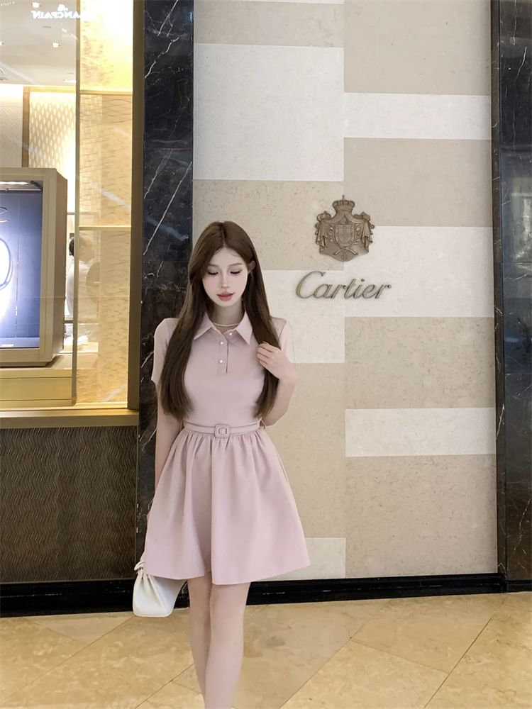 A-Line Dress Plain Collar Mini Short-Sleeve