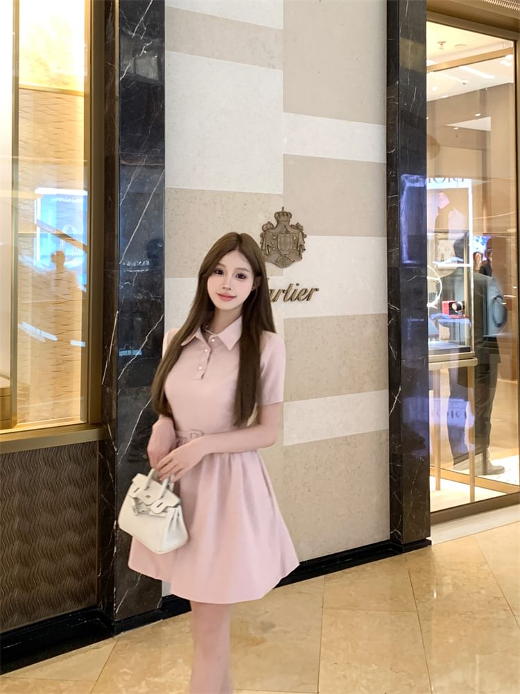 A-Line Dress Plain Collar Mini Short-Sleeve