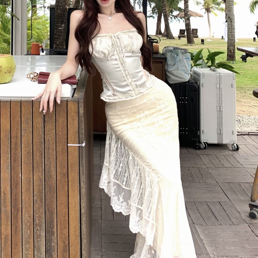 Fishtail Skirt Maxi Top Camisole Satin Drawstring High Trim / Lace Rise