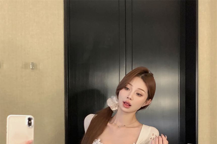 Dress Floral Trim Short-Sleeve Square-Neck Mini A-Line