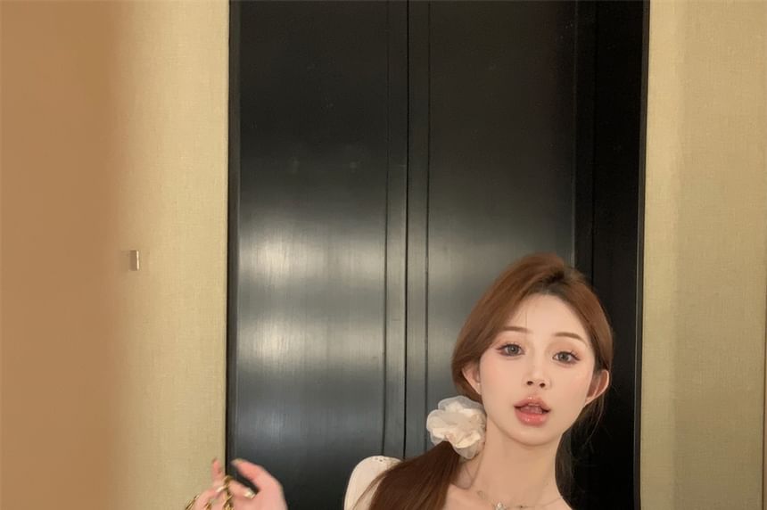 Dress Floral Trim Short-Sleeve Square-Neck Mini A-Line