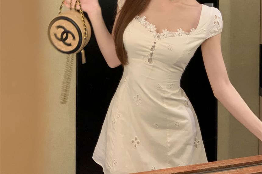 Dress Floral Trim Short-Sleeve Square-Neck Mini A-Line