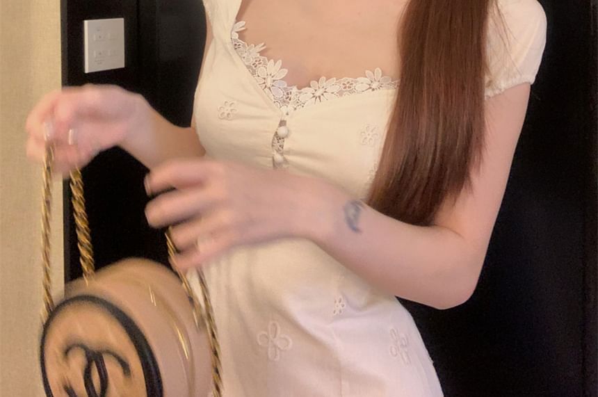 Dress Floral Trim Short-Sleeve Square-Neck Mini A-Line