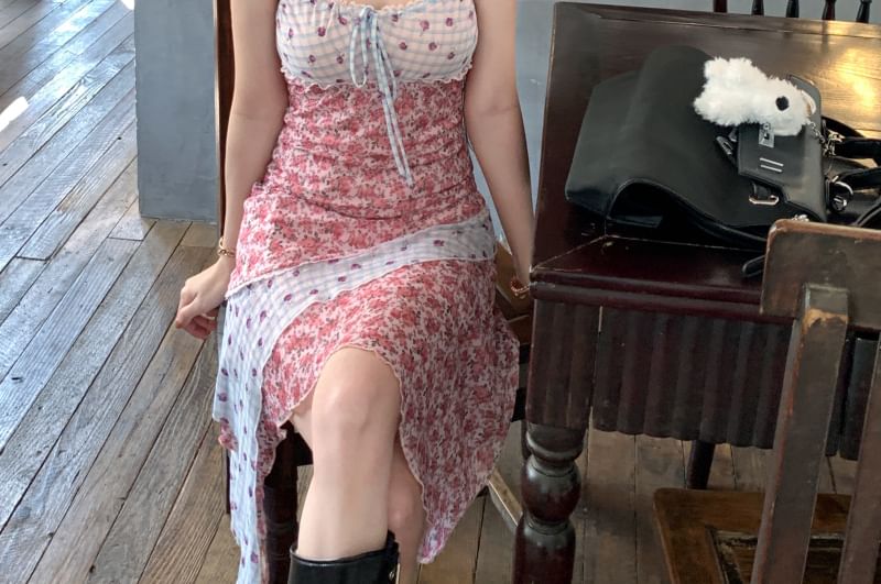 Mini Panel Strap Spaghetti Asymmetrical Print Floral Bodycon Dress