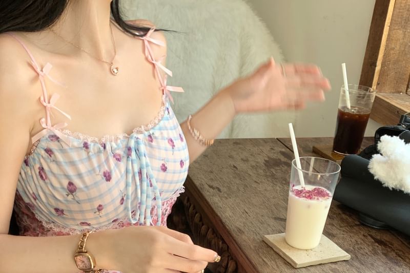 Mini Panel Strap Spaghetti Asymmetrical Print Floral Bodycon Dress