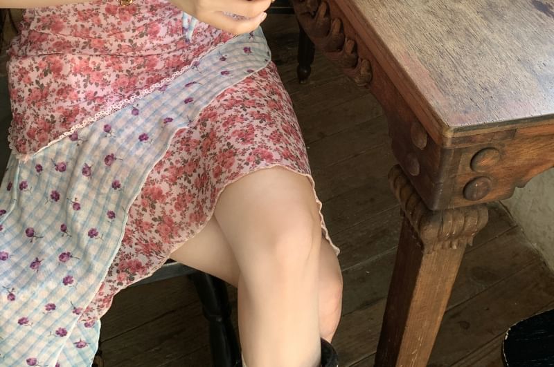 Mini Panel Strap Spaghetti Asymmetrical Print Floral Bodycon Dress