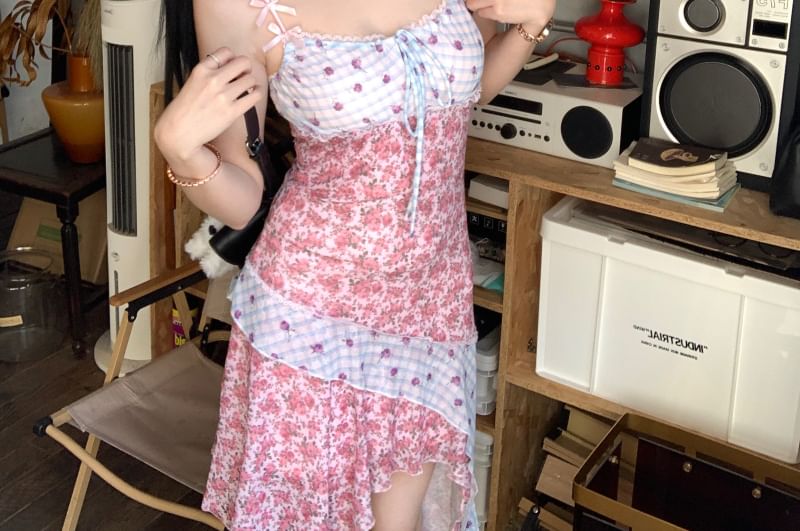 Mini Panel Strap Spaghetti Asymmetrical Print Floral Bodycon Dress