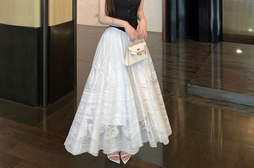 Lace Crop Top A-Line Halter-Neck Button-Up Mid Skirt Midi / Waist Plain