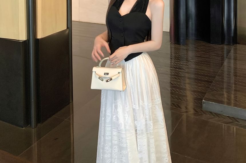 Lace Crop Top A-Line Halter-Neck Button-Up Mid Skirt Midi / Waist Plain