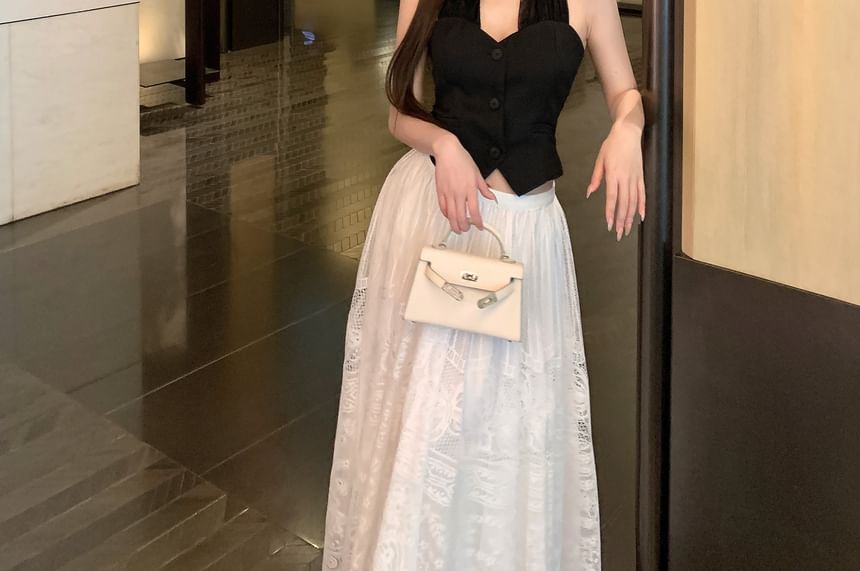 Lace Crop Top A-Line Halter-Neck Button-Up Mid Skirt Midi / Waist Plain