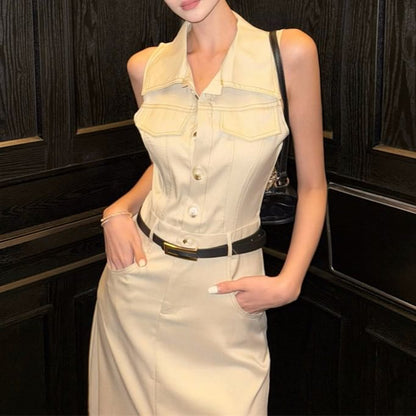 Slit Dress Sleeveless Midi A-Line Collared Button-Up