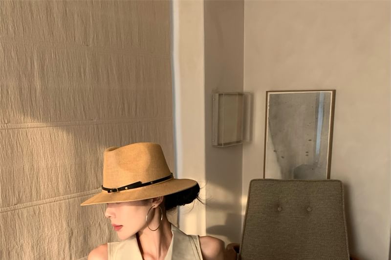 Slit Dress Sleeveless Midi A-Line Collared Button-Up