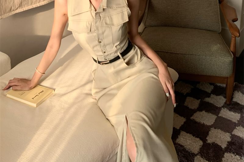 Slit Dress Sleeveless Midi A-Line Collared Button-Up