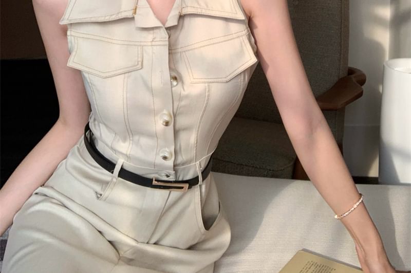 Slit Dress Sleeveless Midi A-Line Collared Button-Up