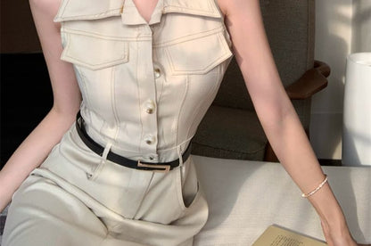 Slit Dress Sleeveless Midi A-Line Collared Button-Up