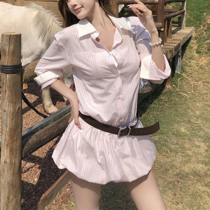 Long-Sleeve Striped Set: Shirtdress Mini Button-Up + Belt