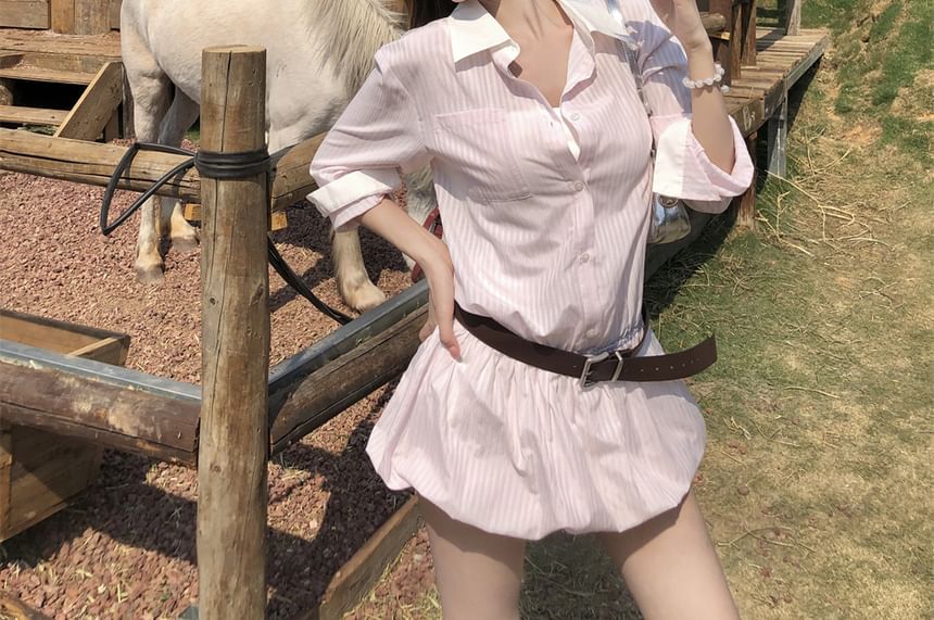 Long-Sleeve Striped Set: Shirtdress Mini Button-Up + Belt