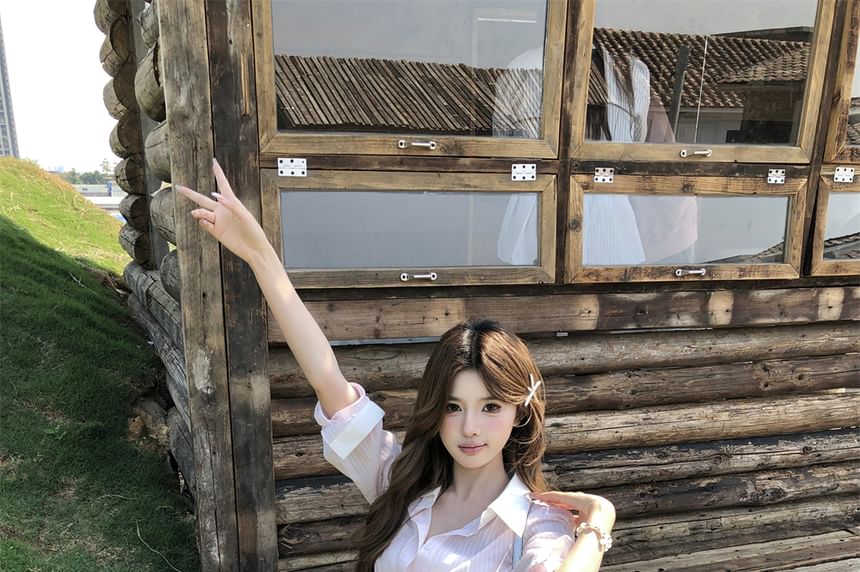 Long-Sleeve Striped Set: Shirtdress Mini Button-Up + Belt