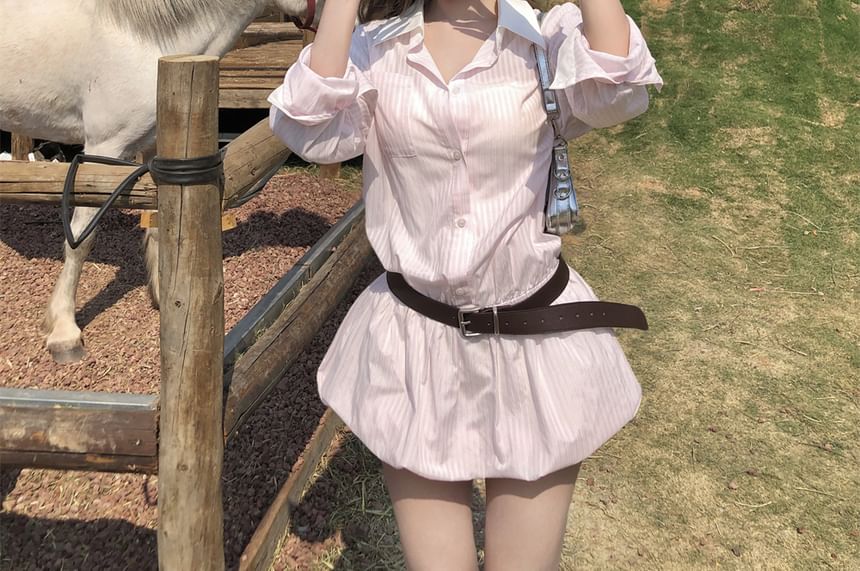 Long-Sleeve Striped Set: Shirtdress Mini Button-Up + Belt