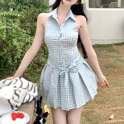 Mini Button-Up Halter-Neck Gingham Dress Pleated A-Line