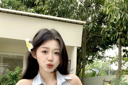 Mini Button-Up Halter-Neck Gingham Dress Pleated A-Line